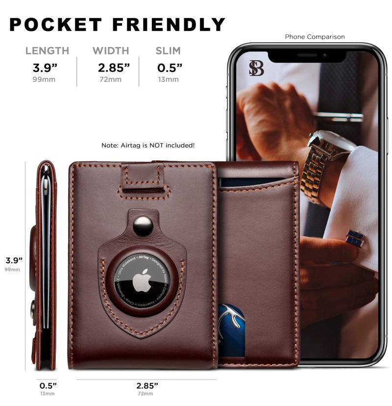 SERMAN BRANDS AirTag Wallet - RFID Blocking Mens Minimalist Money Clip Wallet for Airtag - Full Grain Leather - Slim Bifold. Front Pocket Apple Air tag Wallets for men. Gift (Melted Chocolate 1.0 Air) - Image 4