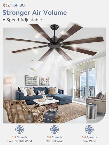 ZMISHIBO 65 Inch Ceiling Fan No Light with Remote, Black Large Ceiling Fan Without Light with Quiet Reversible DC Motor, 6-Speeds, 8 Blades, Indoor/Outdoor Modern Ceiling Fans for Patios, Living Room, Garage - Image 2