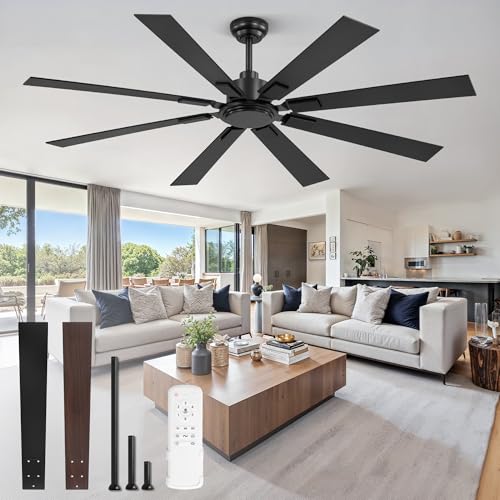ZMISHIBO 65 Inch Ceiling Fan No Light with Remote, Black Large Ceiling Fan Without Light with Quiet Reversible DC Motor, 6-Speeds, 8 Blades, Indoor/Outdoor Modern Ceiling Fans for Patios, Living Room, Garage - Image 1