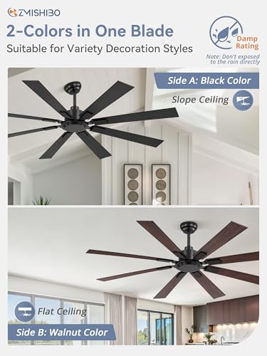 ZMISHIBO 65 Inch Ceiling Fan No Light with Remote, Black Large Ceiling Fan Without Light with Quiet Reversible DC Motor, 6-Speeds, 8 Blades, Indoor/Outdoor Modern Ceiling Fans for Patios, Living Room, Garage - Image 3