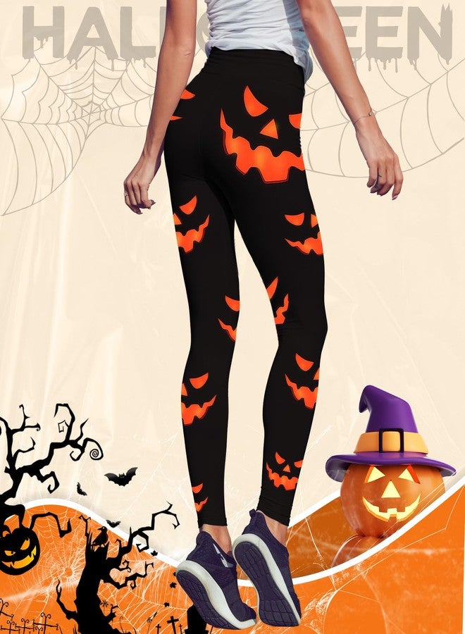 Skicuff بنطلون ليجنز نسائي من Skicuff، مطبوع عليه رسومات يقطين، بنطلون يوغا مطاطي، بنطلون ليجنز مخيف بنقشة يقطين للهالوين، هدية مثالية للحفلات (مقاس متوسط)، برتقالي وأسود - Image 4