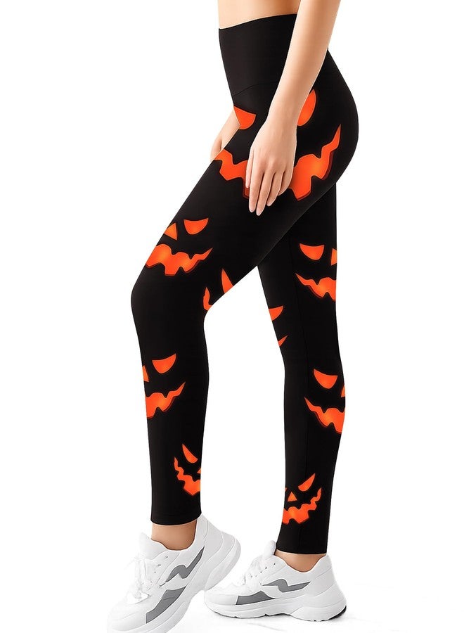 Skicuff بنطلون ليجنز نسائي من Skicuff، مطبوع عليه رسومات يقطين، بنطلون يوغا مطاطي، بنطلون ليجنز مخيف بنقشة يقطين للهالوين، هدية مثالية للحفلات (مقاس متوسط)، برتقالي وأسود - Image 1