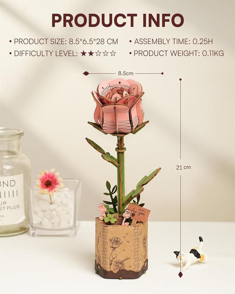 ألعاب خشبية ثلاثية الأبعاد على شكل زهرة، طقم نموذج خشبي لمساهمات الورد الوردي للبالغين، مجموعة نباتية، هدية إبداعية مثالية، طقم بناء الحرف (104 قطعة) - Image 5