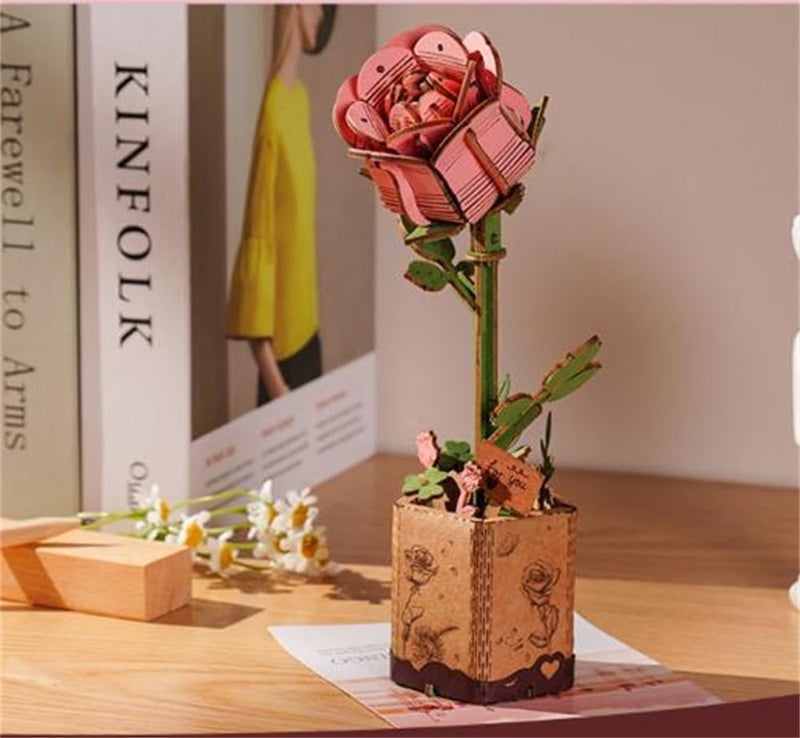 ألعاب خشبية ثلاثية الأبعاد على شكل زهرة، طقم نموذج خشبي لمساهمات الورد الوردي للبالغين، مجموعة نباتية، هدية إبداعية مثالية، طقم بناء الحرف (104 قطعة) - Image 4