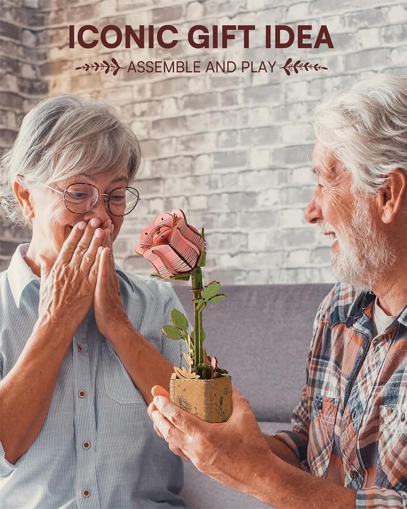 ألعاب خشبية ثلاثية الأبعاد على شكل زهرة، طقم نموذج خشبي لمساهمات الورد الوردي للبالغين، مجموعة نباتية، هدية إبداعية مثالية، طقم بناء الحرف (104 قطعة) - Image 3