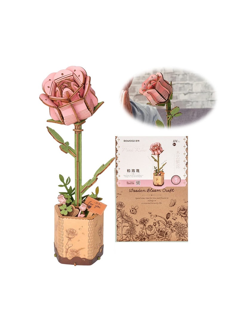 SYOSI 3D Flower Wooden Puzzles, Pink Rose DIY Wooden Model Kit for Adults, Botanical Collection, Ideal Creative Gift, Crafts Building Set (104PCS)  - Image 1