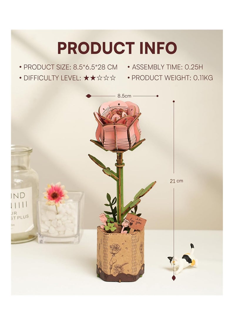 SYOSI 3D Flower Wooden Puzzles, Pink Rose DIY Wooden Model Kit for Adults, Botanical Collection, Ideal Creative Gift, Crafts Building Set (104PCS)  - Image 5