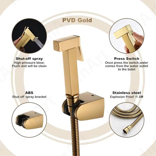 InArt Health Faucet for Bathroom, Premium Jet Spray with Hose and Holder, Superior Low Water Pressure Performance, Easy Grip Design, Durable Brass Material (Gold) - Image 3
