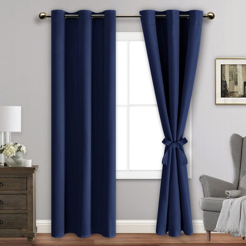 JIUZHEN Blackout Curtains with Tiebacks  Thermal Insulated Light Blocking and Noise Reducing Grommet Curtain Drapes for Bedroom and Living Room Set of 2 Panels 42 x 84 Inches Long Navy Blue