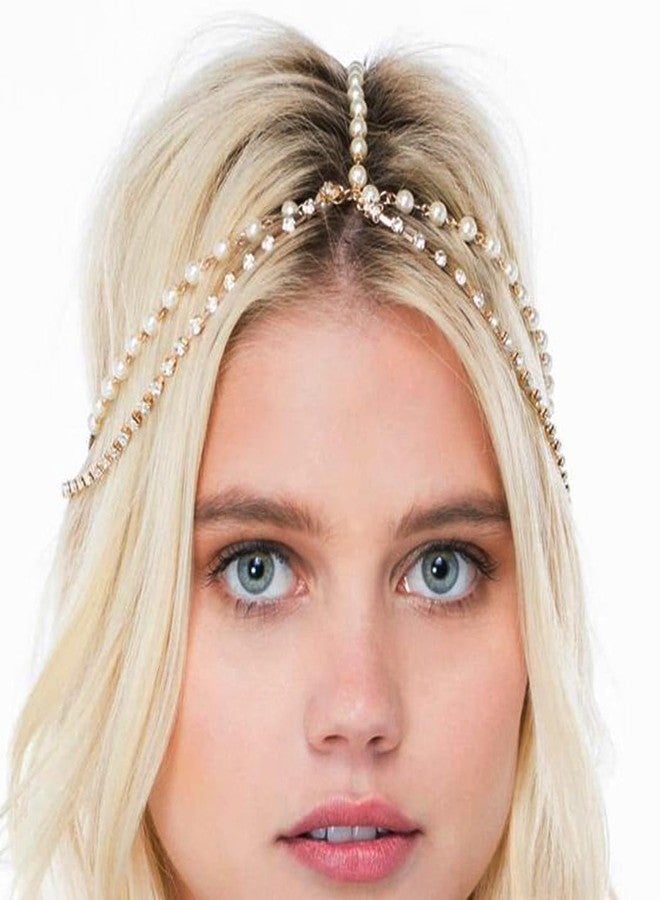 RECTYO GALLERY 1 Pcs Premium Boho Pearl Head Chain Vintage Crystal Headpieces Wedding Rhinestone Hair Jewelry Party Festival Hair Accessories for Women and Girls (Gold) - Image 2