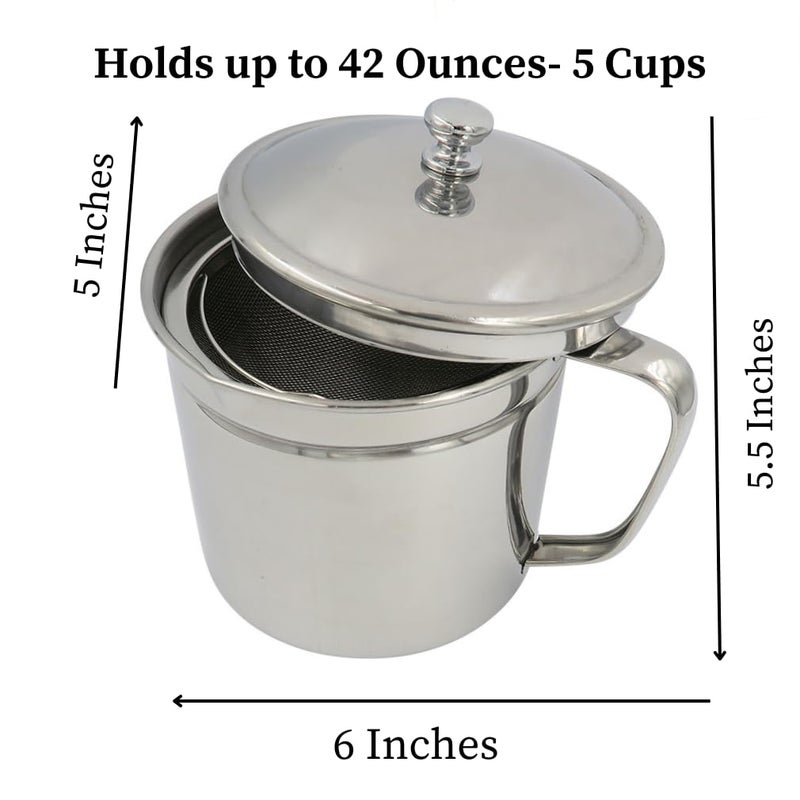 Evelots Cooking Oil Storage Can-Bacon Grease Keeper-Stainless Mesh Strainer-Easy Grip Handle-Large 5 Cup Fat Storage - Image 2