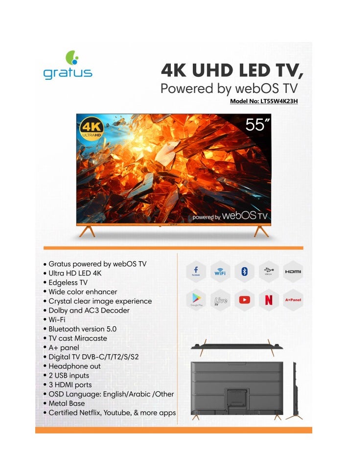 gratus - Gratus WebOS powered 4K Edgeless UHD 55 Inch LED SMART TV With ThinQ AI - Image 1