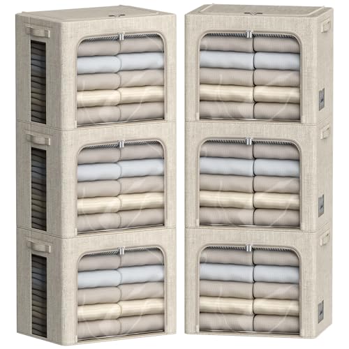 FHSQX 6 Pack Clothes Storage Bins with Metal Frame Foldable Storage Bins for Clothes Linen Fabric Storage Box with Clear Window Beige 157x118x118inch36L - Image 1