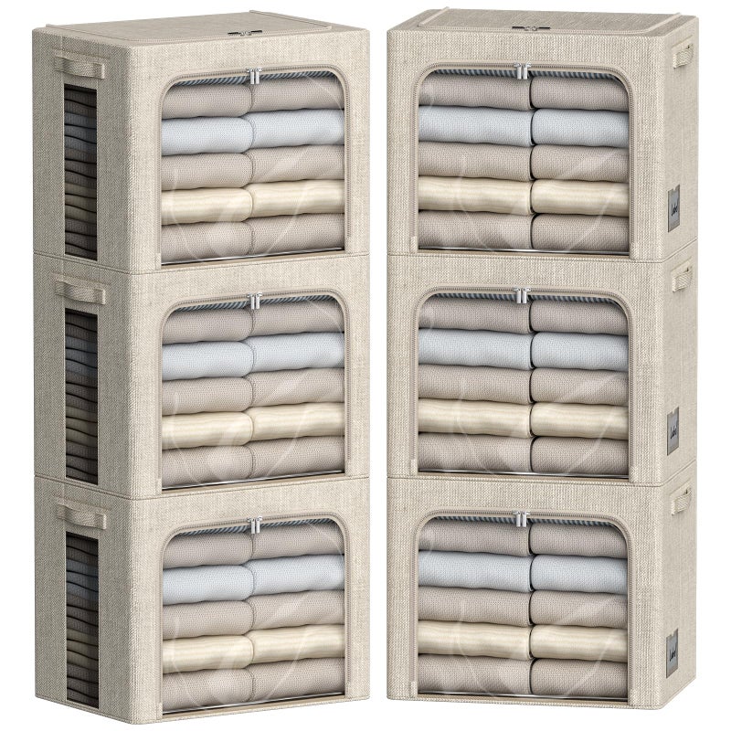 FHSQX 6 Pack Clothes Storage Bins with Metal Frame Foldable Storage Bins for Clothes Linen Fabric Storage Box with Clear Window Beige 157x118x118inch36L - Image 2