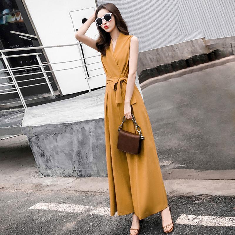Summer 2024 V-Neck Slim Jumpsuit for Women Yellow - Image 1