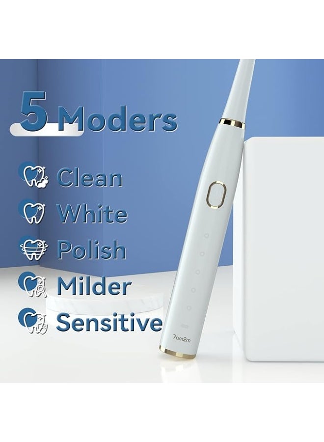 7AM2M Sonic Electric Toothbrush for Adults and Kids- High Power Rechargeable Toothbrushes with 8 Brush Heads,5 Adjustable Modes, Built-in 2-Minute Smart Timer,4 Hours Fast Charge for 30 Days (White) - Image 2