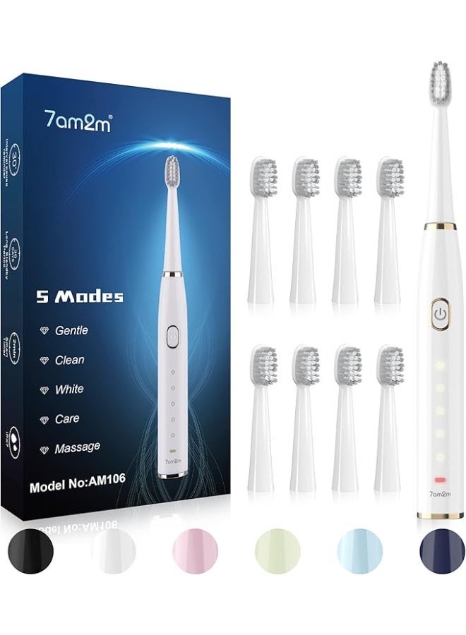 7AM2M Sonic Electric Toothbrush for Adults and Kids- High Power Rechargeable Toothbrushes with 8 Brush Heads,5 Adjustable Modes, Built-in 2-Minute Smart Timer,4 Hours Fast Charge for 30 Days (White) - Image 1
