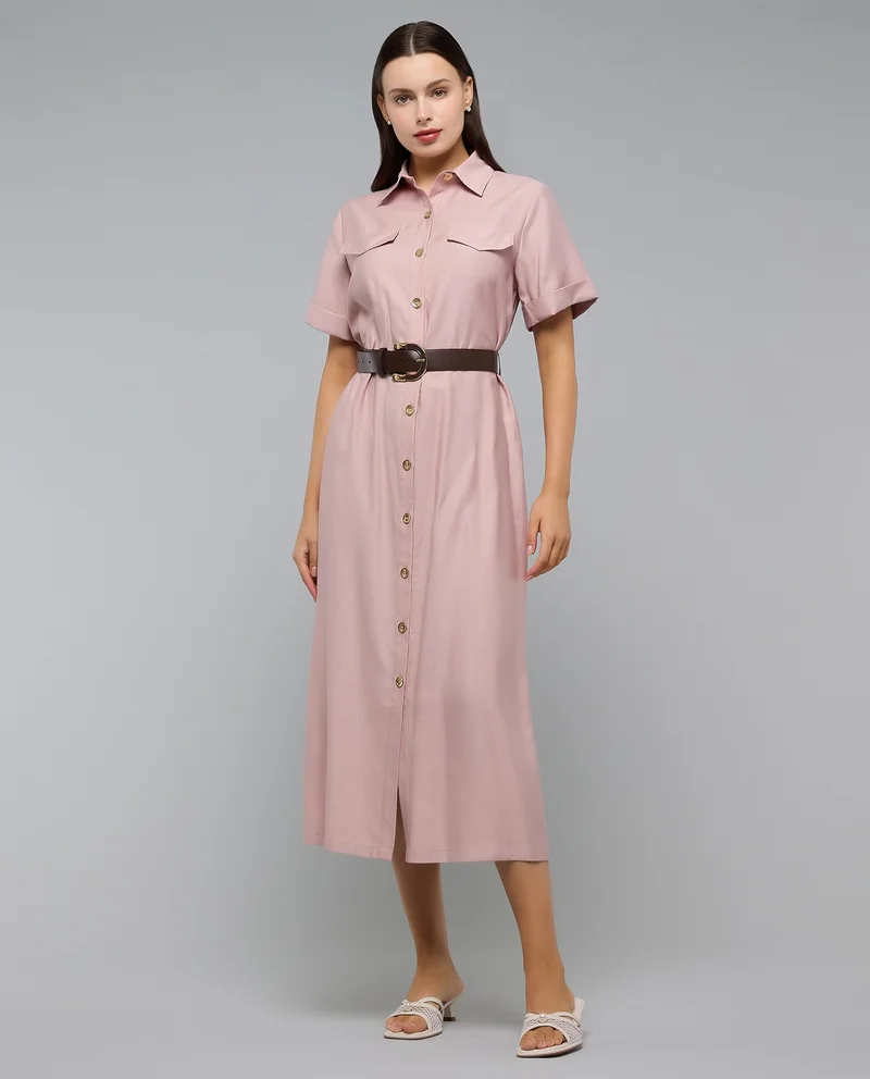 أر أند بي Solid Shirt Dress with Classic Collar and Short Sleeves