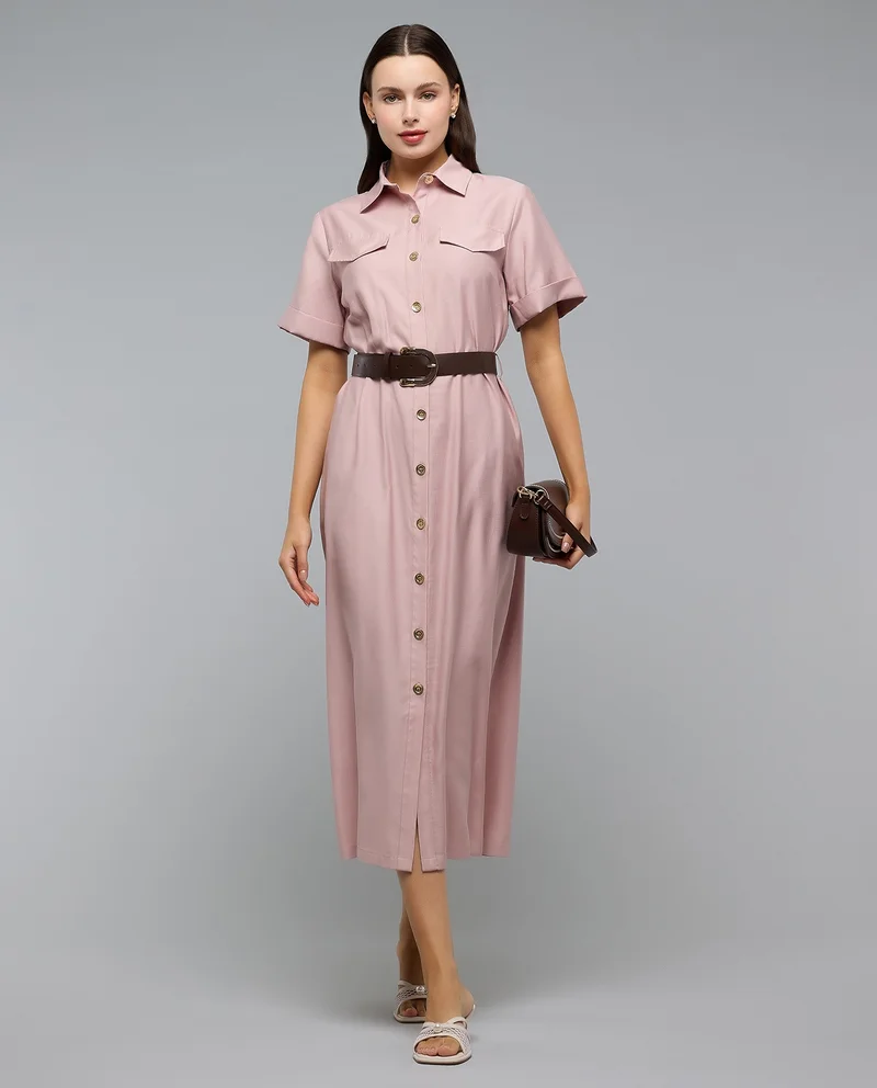 أر أند بي Solid Shirt Dress with Classic Collar and Short Sleeves