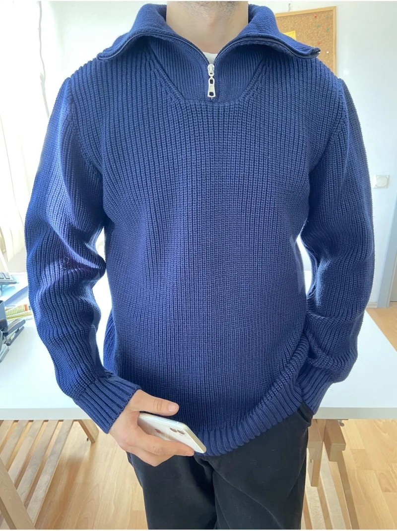 كوول تارز Cool Style Navy Blue Men's Regular Zippered Fisherman Knitwear Sweater