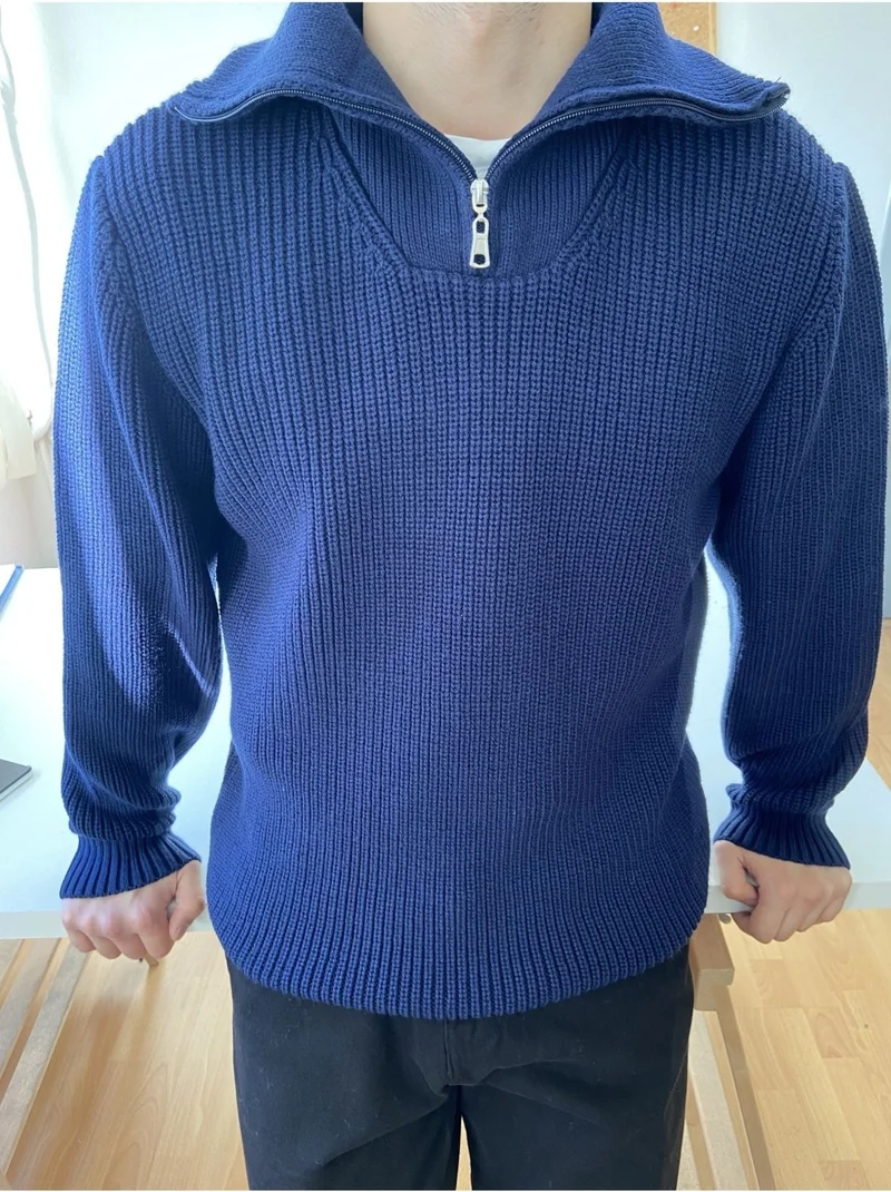 كوول تارز Cool Style Navy Blue Men's Regular Zippered Fisherman Knitwear Sweater