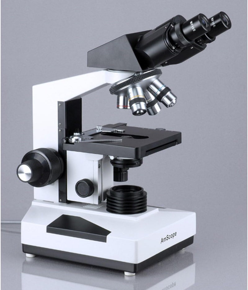 AmScope AmScope B490 Compound Binocular Microscope WF10x Eyepieces 40X1000X Magnification Brightfield Halogen Illumination Abbe Condenser DoubleLayer Mechanical Stage Sliding Head HighResolution Optics AntiMold  - Image 2
