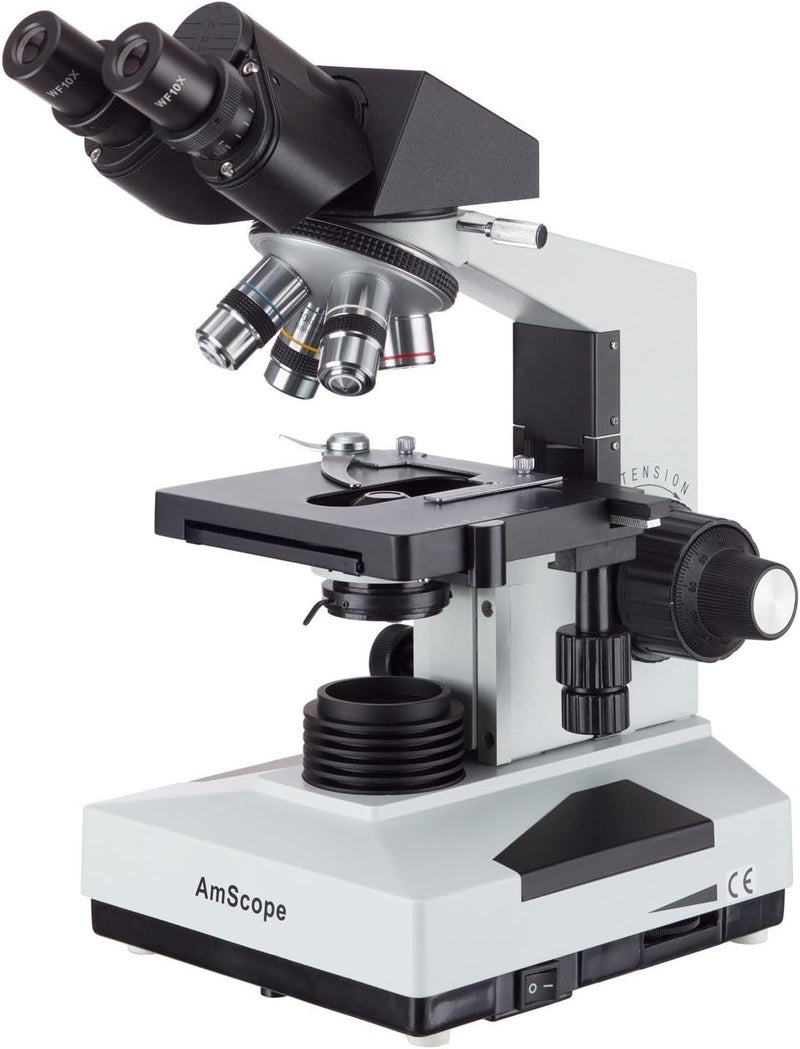 AmScope AmScope B490 Compound Binocular Microscope WF10x Eyepieces 40X1000X Magnification Brightfield Halogen Illumination Abbe Condenser DoubleLayer Mechanical Stage Sliding Head HighResolution Optics AntiMold  - Image 1