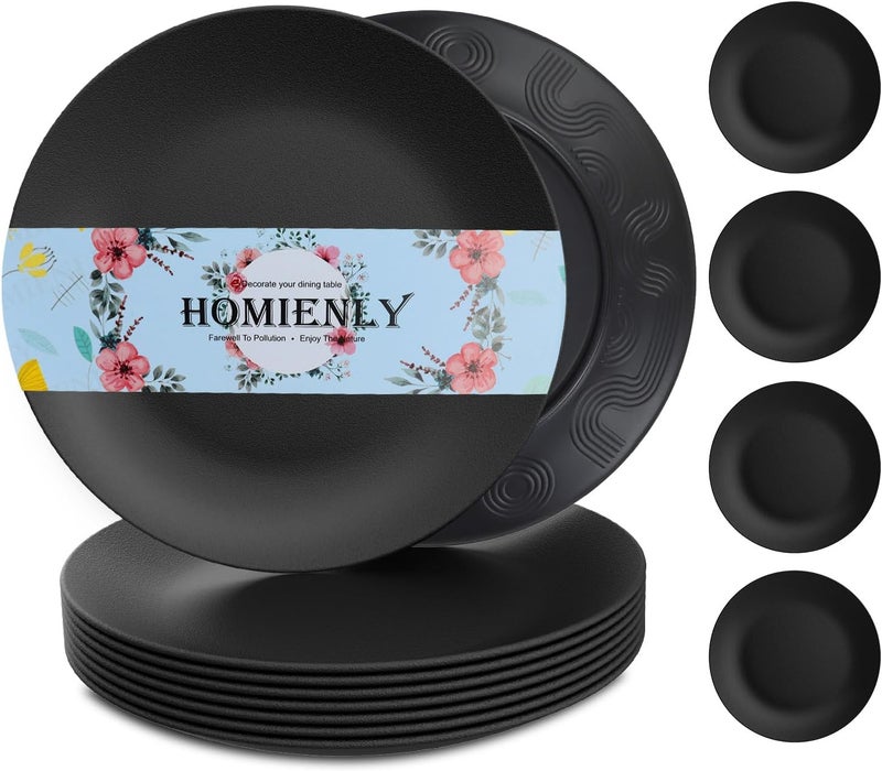 Homienly Black Dinner Plates Set of 8 Plastic Plates with Textured Design Microwave and Dishwasher Safe Wheat Straw Plates for Camping Unbreakable Kitchen Plates Black 10 inch MS 01 - Image 1