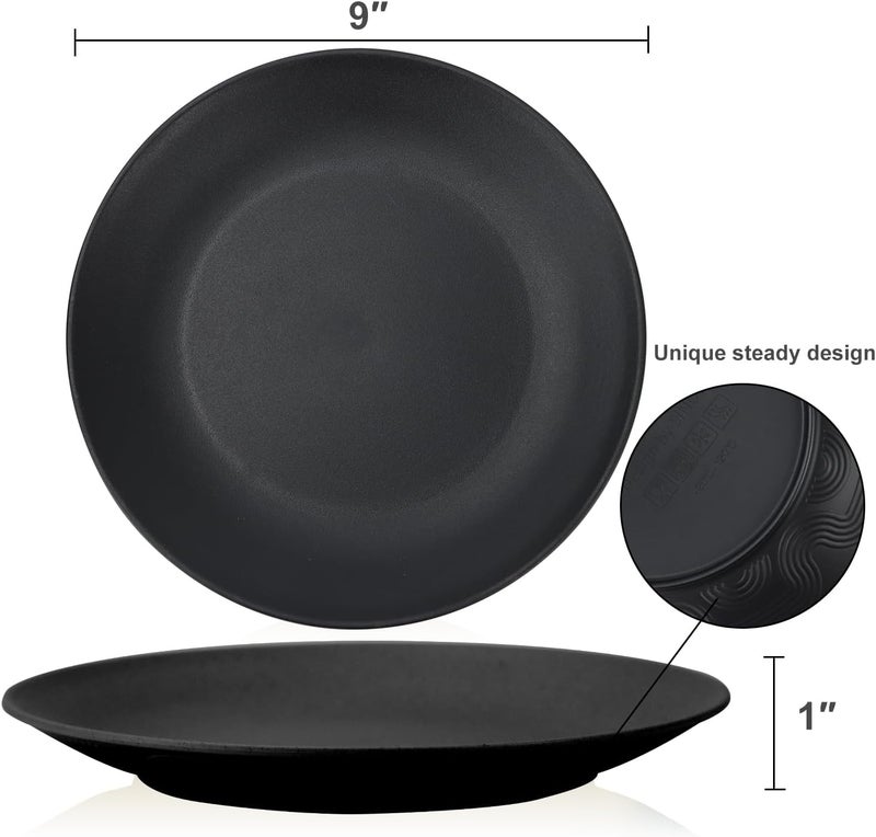 Homienly Black Dinner Plates Set of 8 Plastic Plates with Textured Design Microwave and Dishwasher Safe Wheat Straw Plates for Camping Unbreakable Kitchen Plates Black 10 inch MS 01 - Image 2