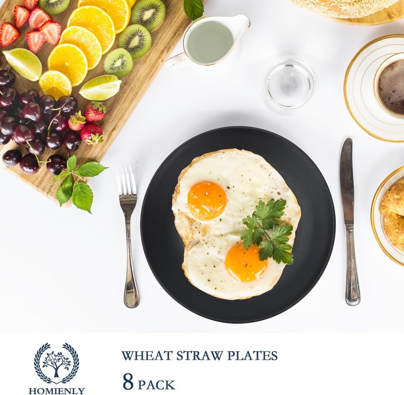Homienly Black Dinner Plates Set of 8 Plastic Plates with Textured Design Microwave and Dishwasher Safe Wheat Straw Plates for Camping Unbreakable Kitchen Plates Black 10 inch MS 01 - Image 4