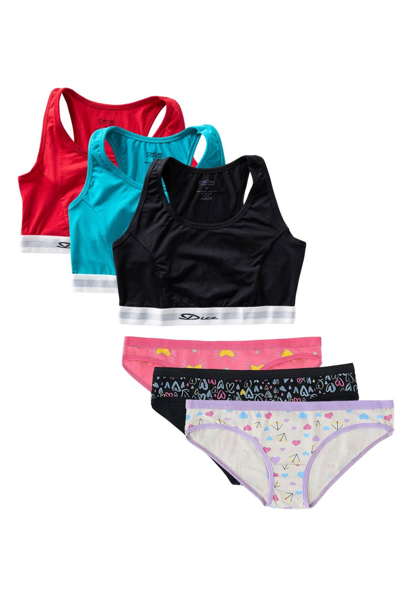 Dice Women's Underwear Set, 3 Non Padded Sport Bra Tops, 3 Cotton Bikini Panties - Image 1