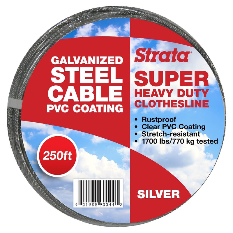 Strata 250 Feet Clothesline Outdoor Heavy Duty Galvanized Wire Steel Cable Silver PVC Coating  Clothes Line Wires for Outside Laundry Drying - Image 1