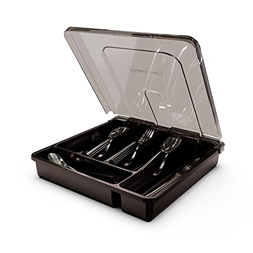 QINOL Silverware Tray with Lid, Utensil Drawer Organizer for Kitchen Countertop Plastic Flatware Organizers and Storage holder 5 Compartments Black - Image 1