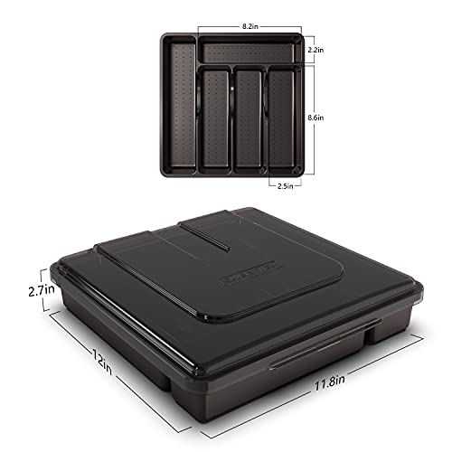 QINOL Silverware Tray with Lid, Utensil Drawer Organizer for Kitchen Countertop Plastic Flatware Organizers and Storage holder 5 Compartments Black - Image 3