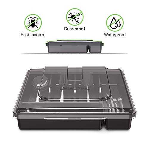 QINOL Silverware Tray with Lid, Utensil Drawer Organizer for Kitchen Countertop Plastic Flatware Organizers and Storage holder 5 Compartments Black - Image 2