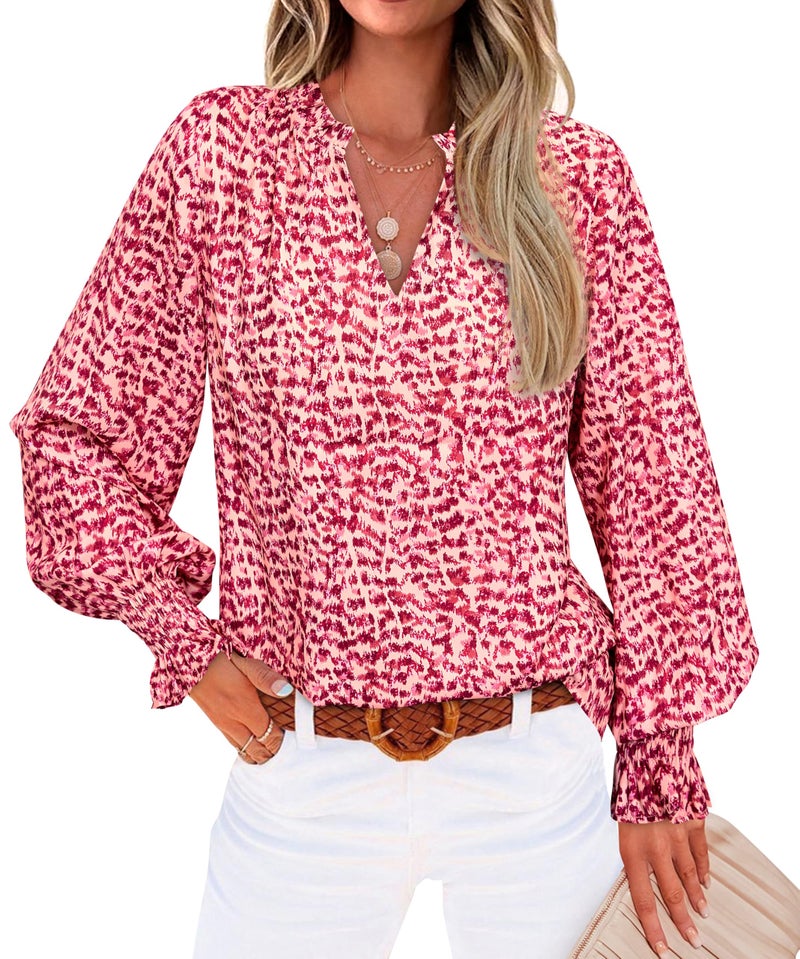 MASCOMODA Womens V Neck Floral Long Sleeve Tops 2026 Summer Casual Loose Puff Sleeve Chiffon Boho Work Blouse Dressy T Shirts(Pink Floral,Medium) - Image 1