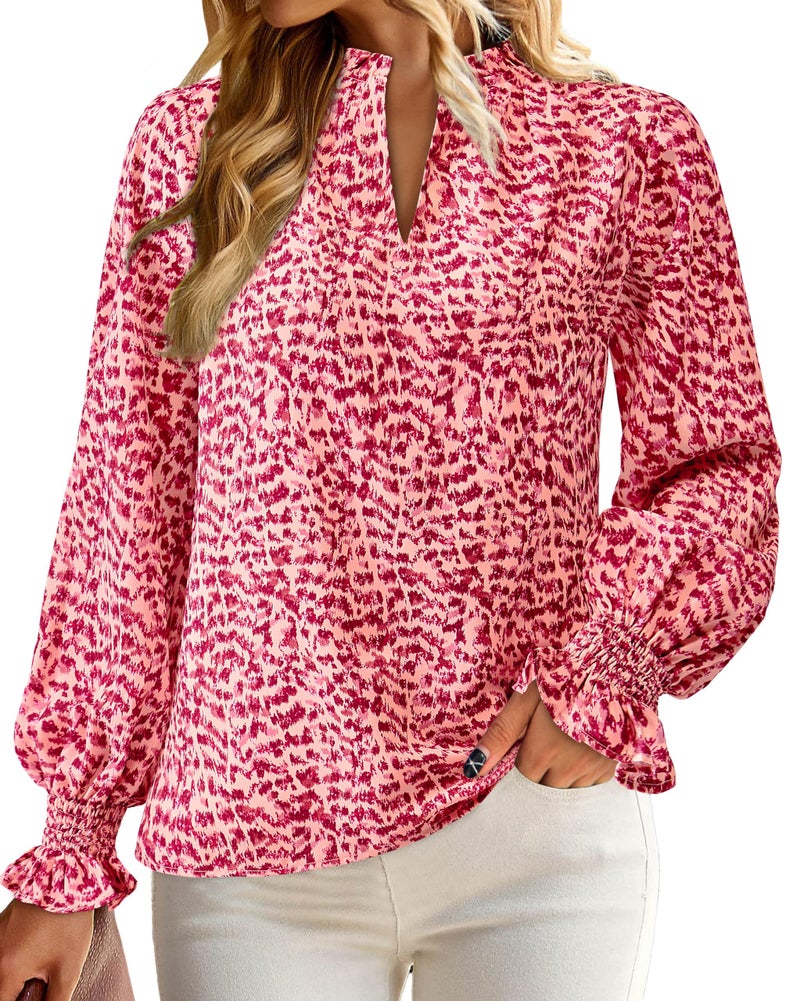 MASCOMODA Womens V Neck Floral Long Sleeve Tops 2026 Summer Casual Loose Puff Sleeve Chiffon Boho Work Blouse Dressy T Shirts(Pink Floral,Medium) - Image 4