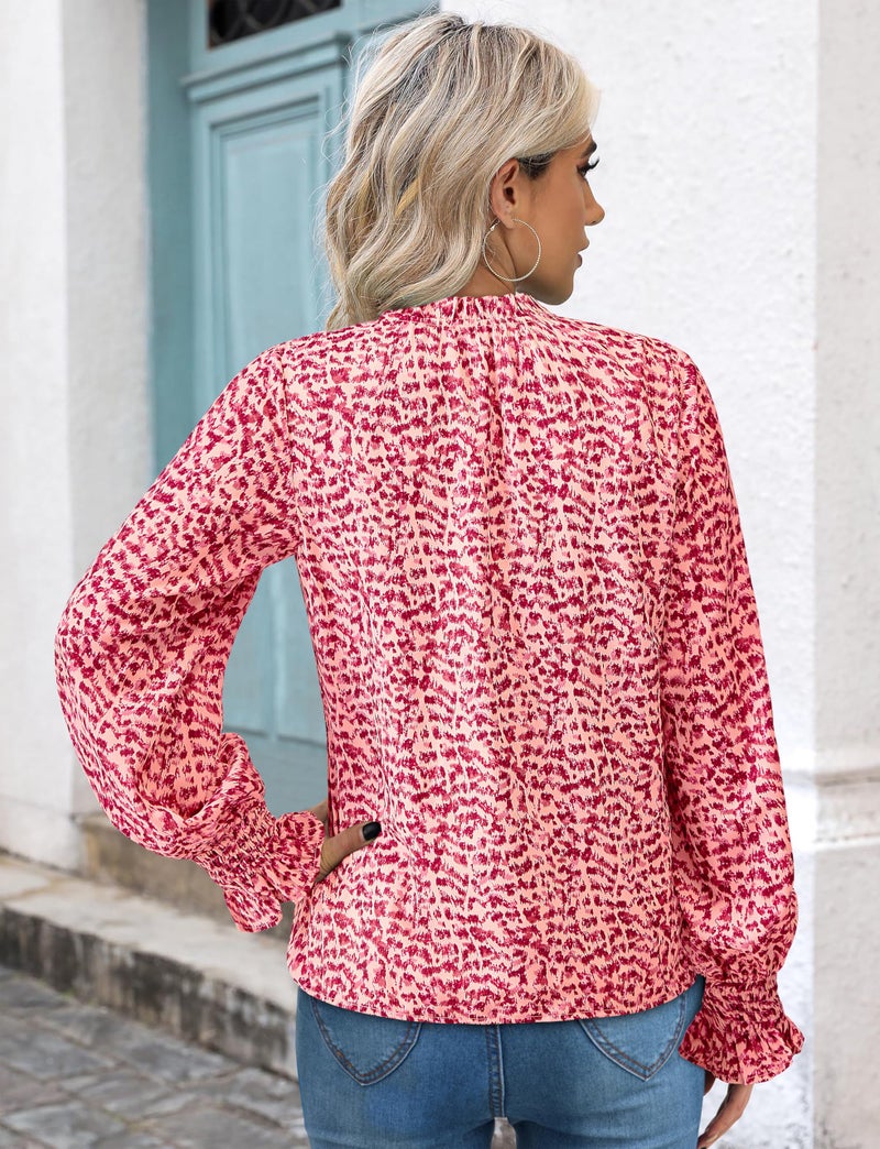 MASCOMODA Womens V Neck Floral Long Sleeve Tops 2026 Summer Casual Loose Puff Sleeve Chiffon Boho Work Blouse Dressy T Shirts(Pink Floral,Medium) - Image 5