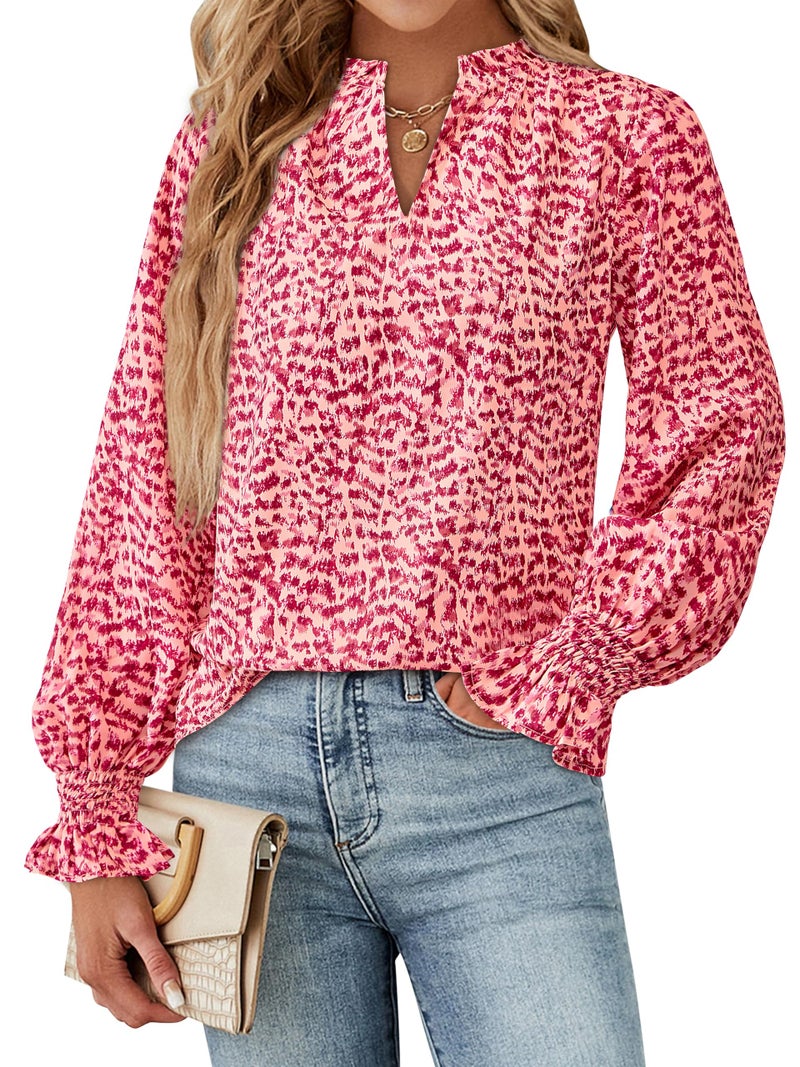 MASCOMODA Womens V Neck Floral Long Sleeve Tops 2026 Summer Casual Loose Puff Sleeve Chiffon Boho Work Blouse Dressy T Shirts(Pink Floral,Medium) - Image 2