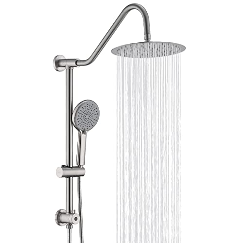 UCLIMAA 10 Inch Rain Shower Head with Handheld System, 24" Drill-free Slider Bar with Low 3-Way Diverter for Easy Reach, 4 Setting Handheld Spray with 5Ft Stainless Steel Hose - Brushed Nickel - Image 1