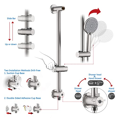 UCLIMAA 10 Inch Rain Shower Head with Handheld System, 24" Drill-free Slider Bar with Low 3-Way Diverter for Easy Reach, 4 Setting Handheld Spray with 5Ft Stainless Steel Hose - Brushed Nickel - Image 2