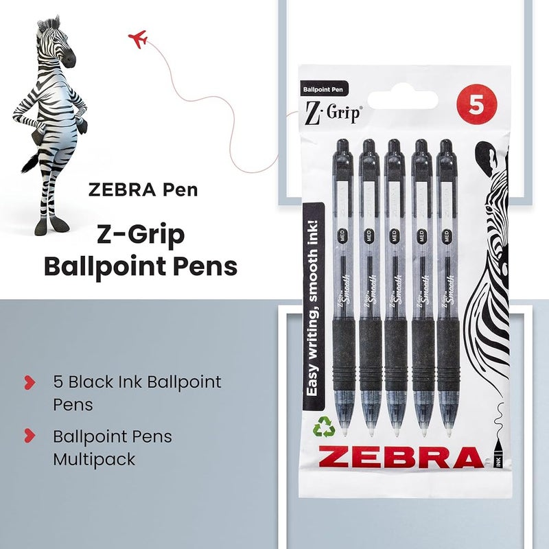 ZEBRA Pen Z Grip Smooth Black Ballpoint Pens, Comfortable ZEBRA Pens With Pocket Clip, Retractable Ballpoint, Reliable Black Biro Pens Multipack For Everyday Use - Medium Point, 5pk - Image 1