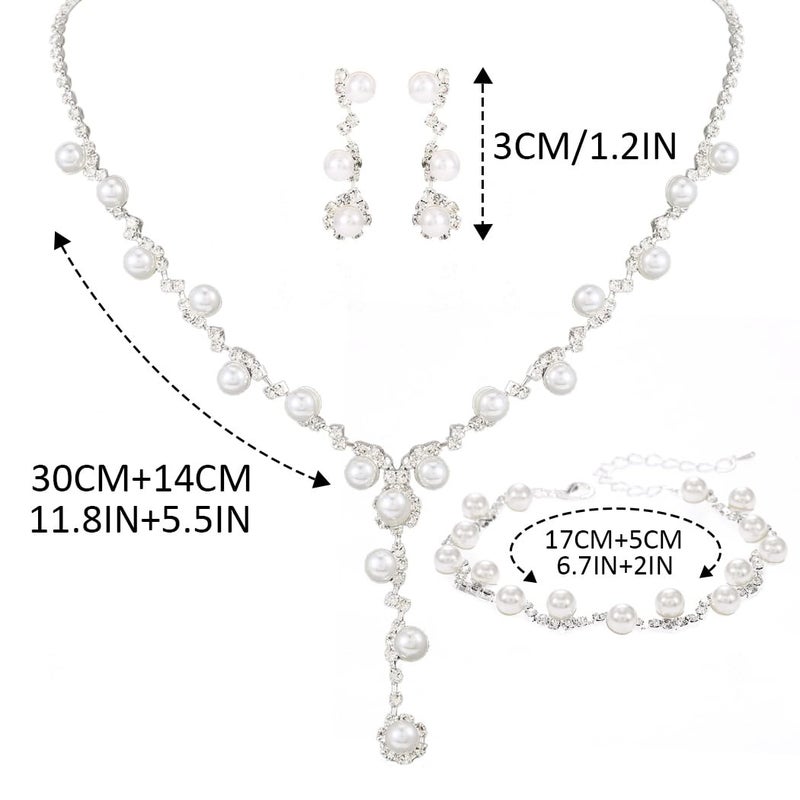 Unicra Silver Pearl Bridal Wedding Jewelry Set Rhinestone Necklace Earrings Bracelet Sets Formal Costume Jewelry for Women and Brides (Silver-3 Pack Necklace Bracelet Earrings) - Image 5