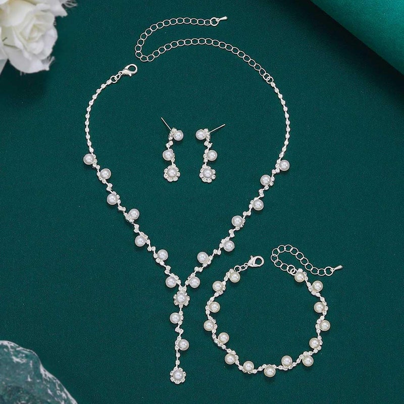Unicra Silver Pearl Bridal Wedding Jewelry Set Rhinestone Necklace Earrings Bracelet Sets Formal Costume Jewelry for Women and Brides (Silver-3 Pack Necklace Bracelet Earrings) - Image 3