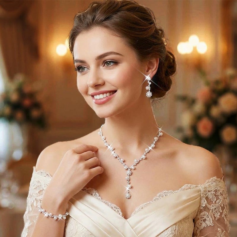 Unicra Silver Pearl Bridal Wedding Jewelry Set Rhinestone Necklace Earrings Bracelet Sets Formal Costume Jewelry for Women and Brides (Silver-3 Pack Necklace Bracelet Earrings) - Image 2