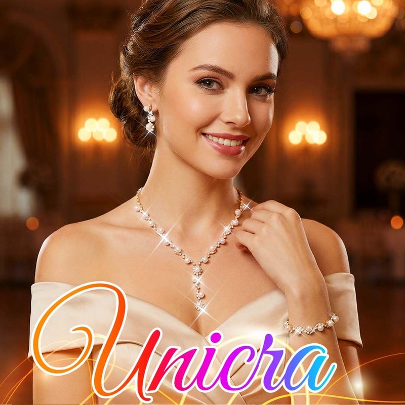 Unicra Silver Pearl Bridal Wedding Jewelry Set Rhinestone Necklace Earrings Bracelet Sets Formal Costume Jewelry for Women and Brides (Silver-3 Pack Necklace Bracelet Earrings) - Image 4