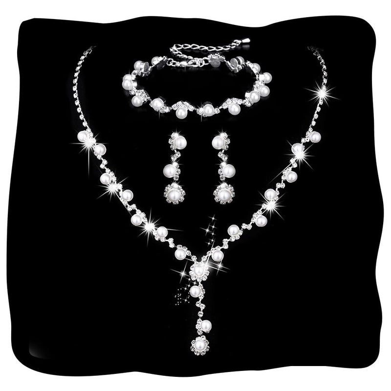 Unicra Silver Pearl Bridal Wedding Jewelry Set Rhinestone Necklace Earrings Bracelet Sets Formal Costume Jewelry for Women and Brides (Silver-3 Pack Necklace Bracelet Earrings) - Image 1