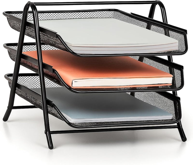MARKQ 3 Tier Mesh Letter Tray, Office Filing Trays Holder, Desk Organizer with Stacking Supports, Metal Document Filing Paper Holder for School, Home & Office - Image 1
