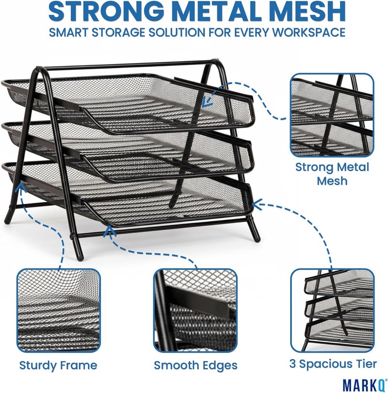 MARKQ 3 Tier Mesh Letter Tray, Office Filing Trays Holder, Desk Organizer with Stacking Supports, Metal Document Filing Paper Holder for School, Home & Office - Image 2
