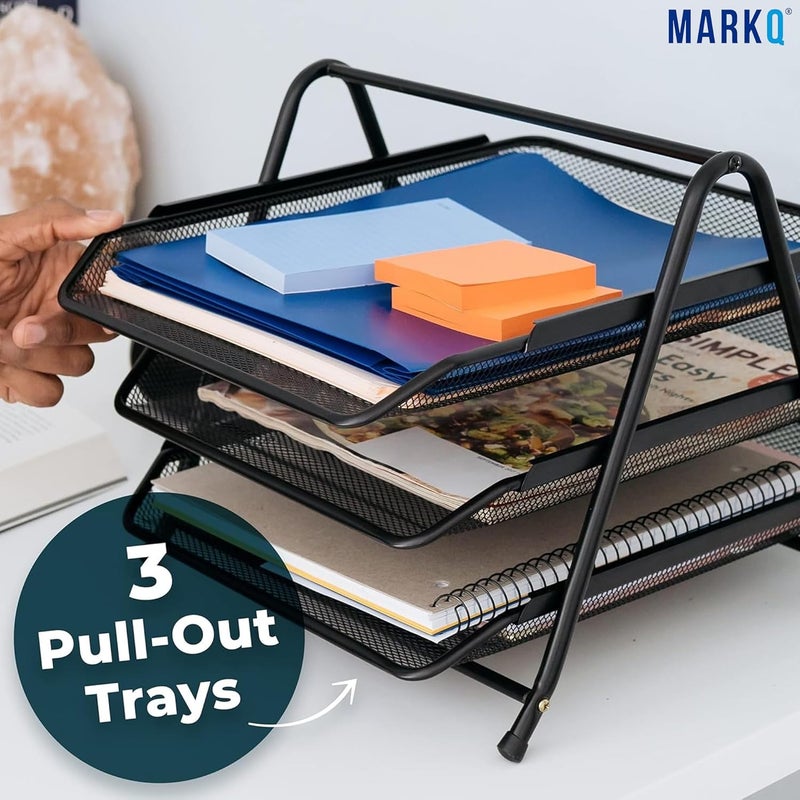 MARKQ 3 Tier Mesh Letter Tray, Office Filing Trays Holder, Desk Organizer with Stacking Supports, Metal Document Filing Paper Holder for School, Home & Office - Image 4